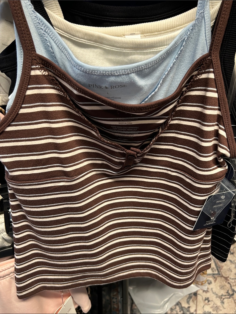 Pink Rose Brown and White Striped Women's Tank Top